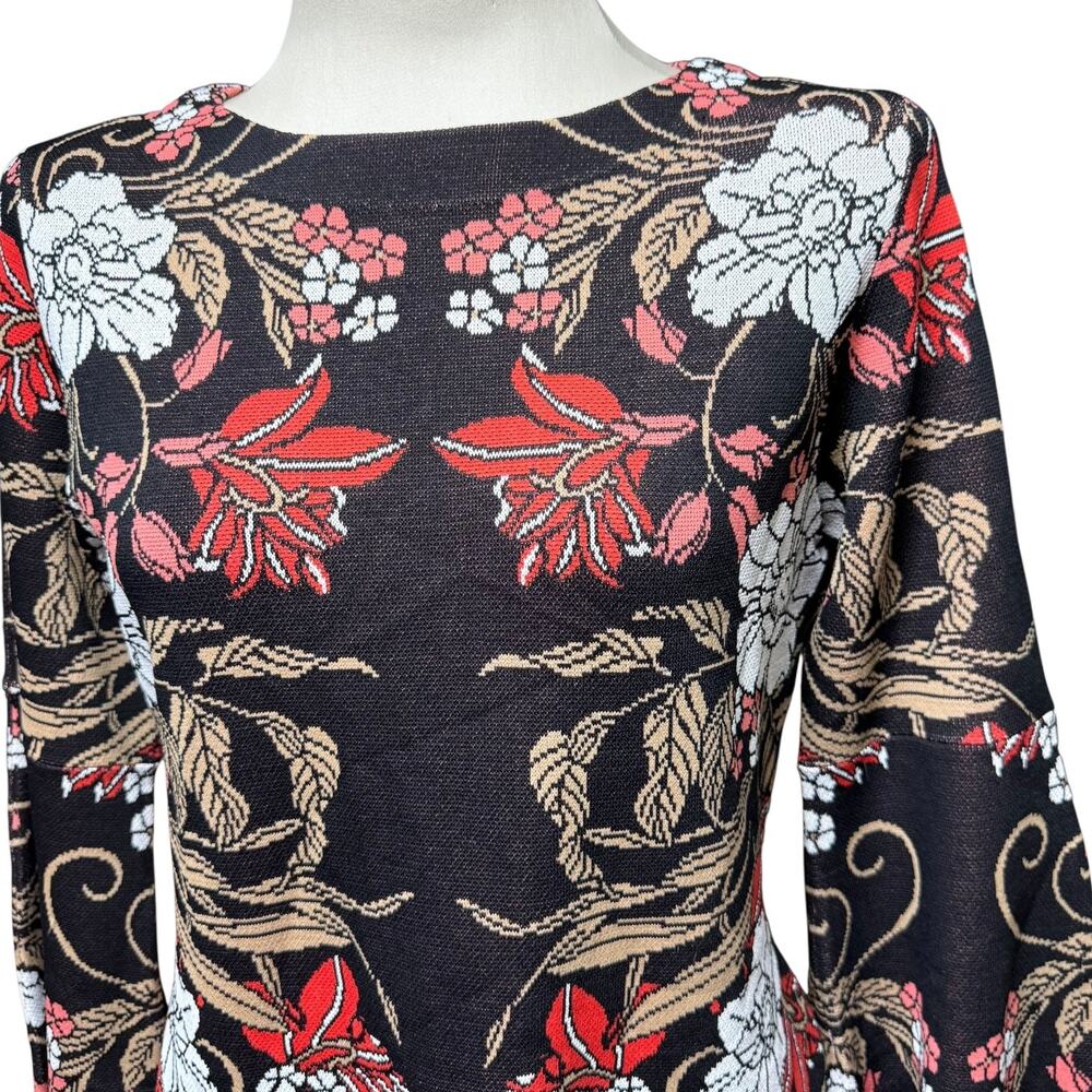 Boston Proper Mirrored Garden Print Intarsia Sweater Dress Brown Pink Medium - Picture 3 of 7